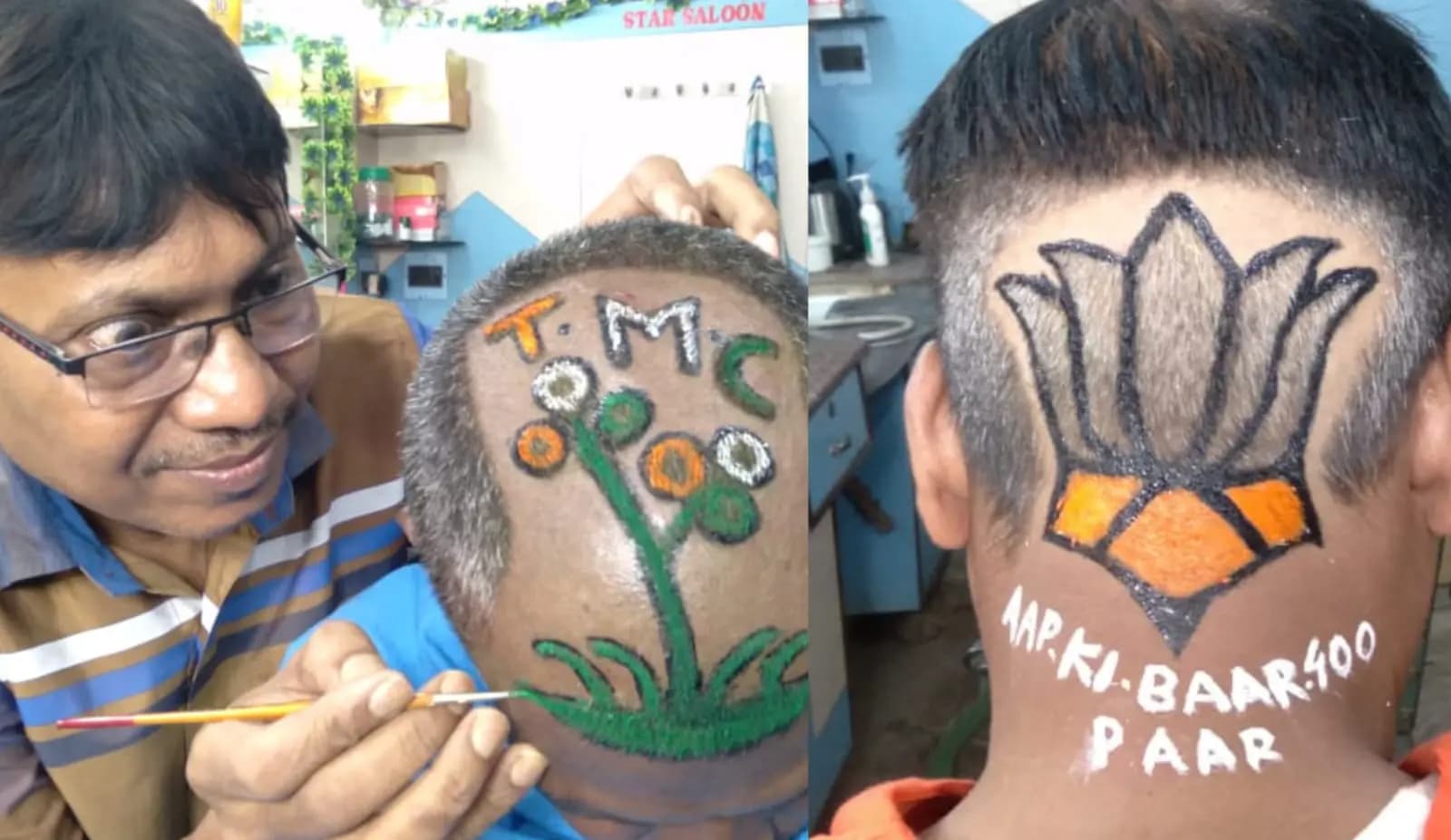 Barber giving haircut with political party logo