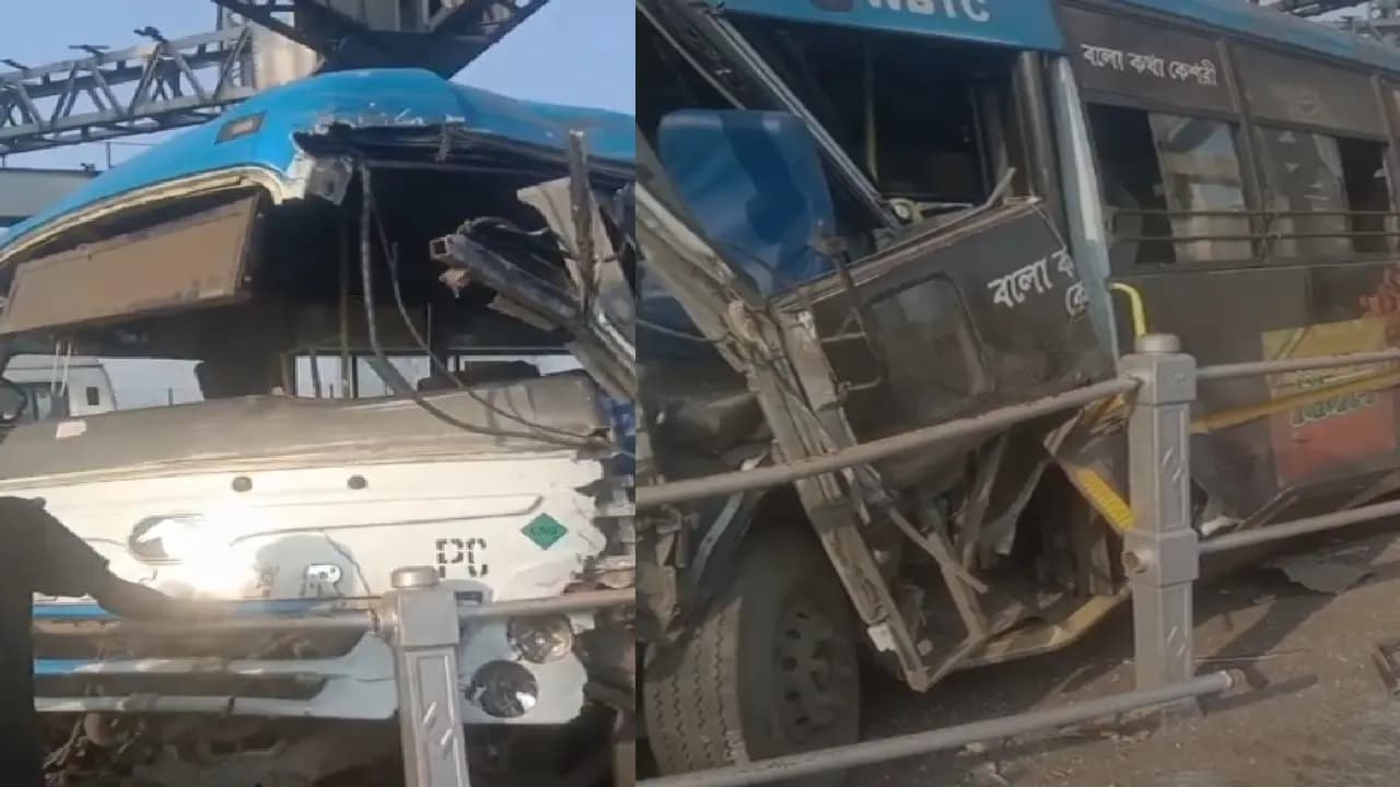 Bus Accident Big Update Bus loses control hits Howrah Bridge pillar