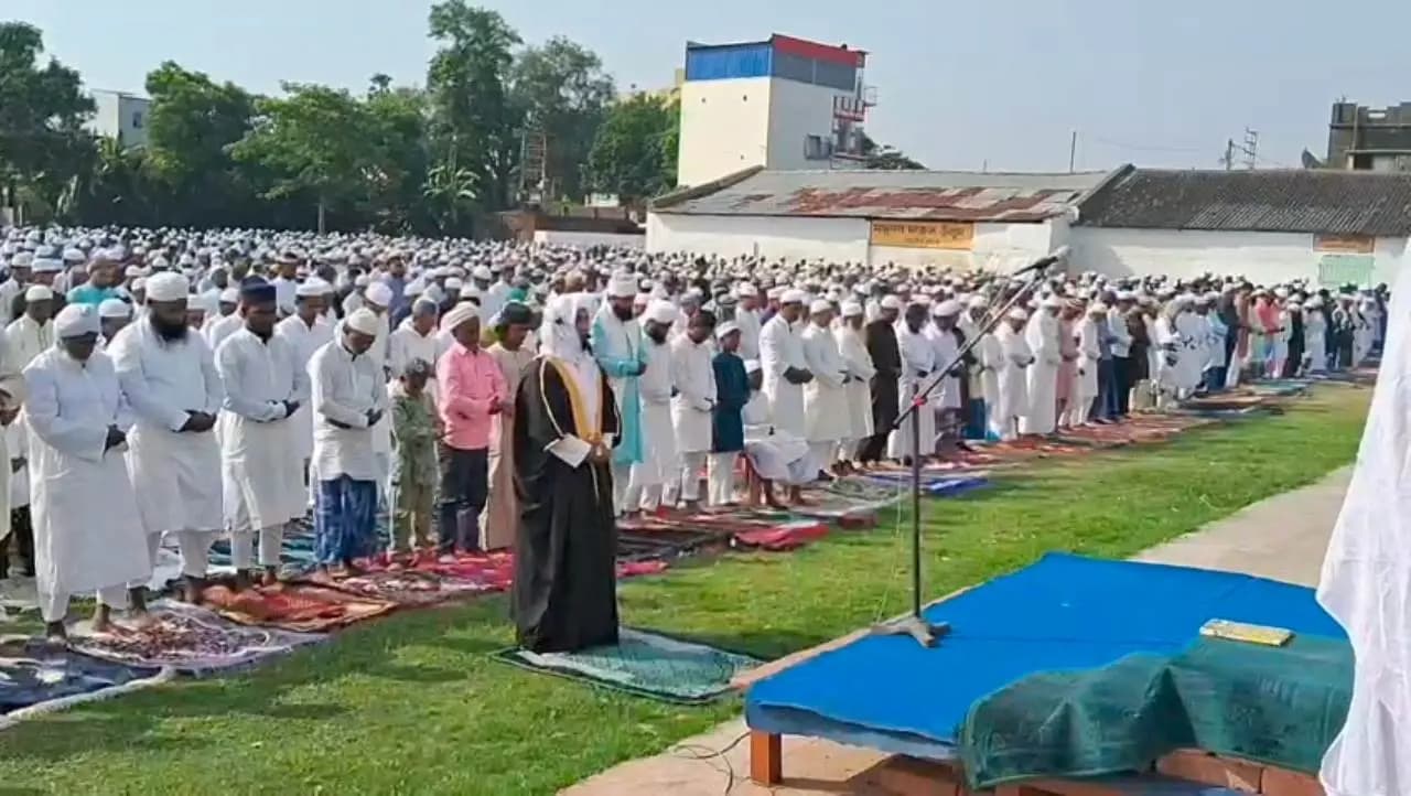 Eid prayers held in the traditional manner on the Madrasa grounds In Pandua