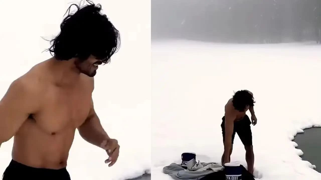 Vidyut jammwal takes ice bathing in a snow covered lake