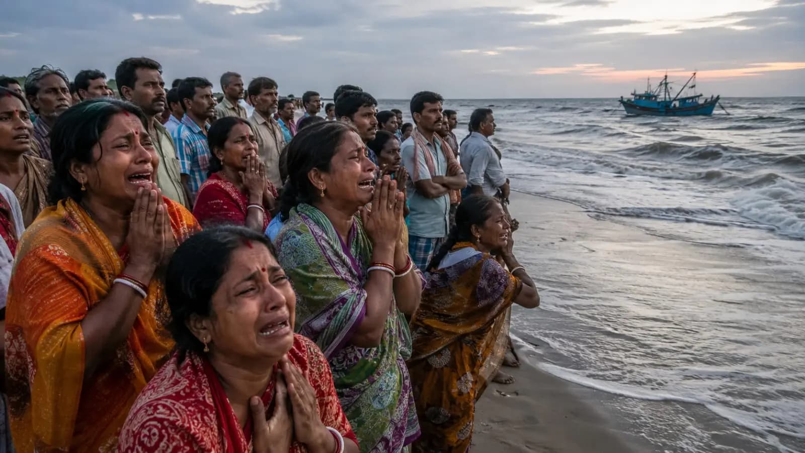 Digha News: Trawler Jai Maa Kali with 16 fishermen missing in rough seas family members anxious at Shankarpur port
