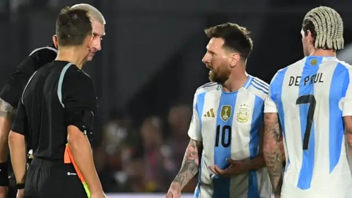 Lionel Messi engaged in a heated exchange with a brazilian referee 